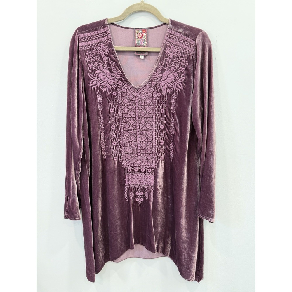 Johnny Was Embroidered Velvet Tunic Top Size Small Gray Boho
